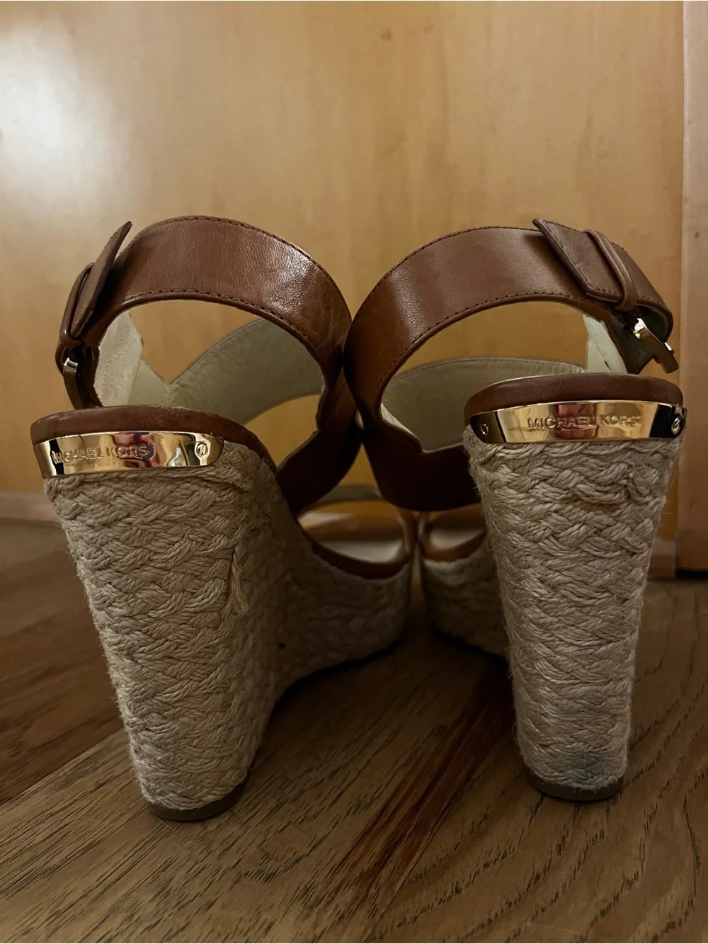 Michael Kors Poesy Tan Leather Espadrille Wedge Sandals